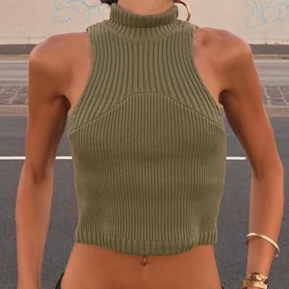 Danielle Guizio Olive Ribbed Turtleneck Top